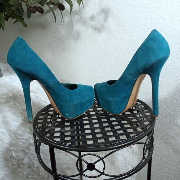 STEVE MADDEN BABYLON TEAL GREEN SUADE PLATFORM HEELS SZ.6M GUC - Picture 5 of 9